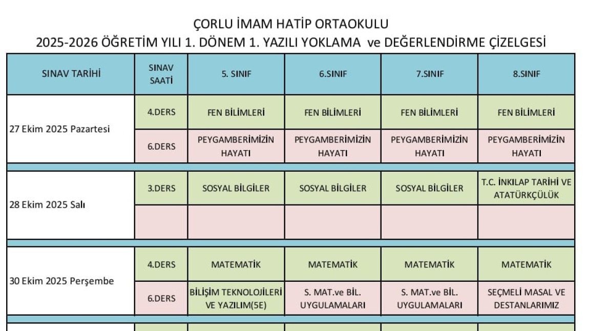2025-2026 1.Dönem 1.Yazılı Sınav Çizelgesi